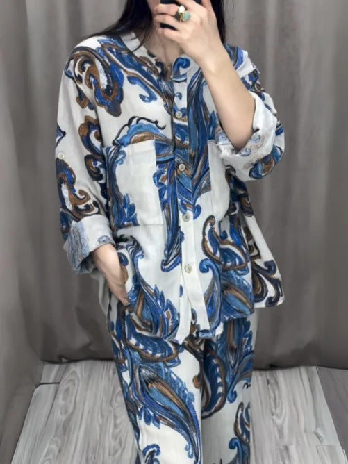 Printed Fashion Women's Long Sleeve Shirt Trousers Suit