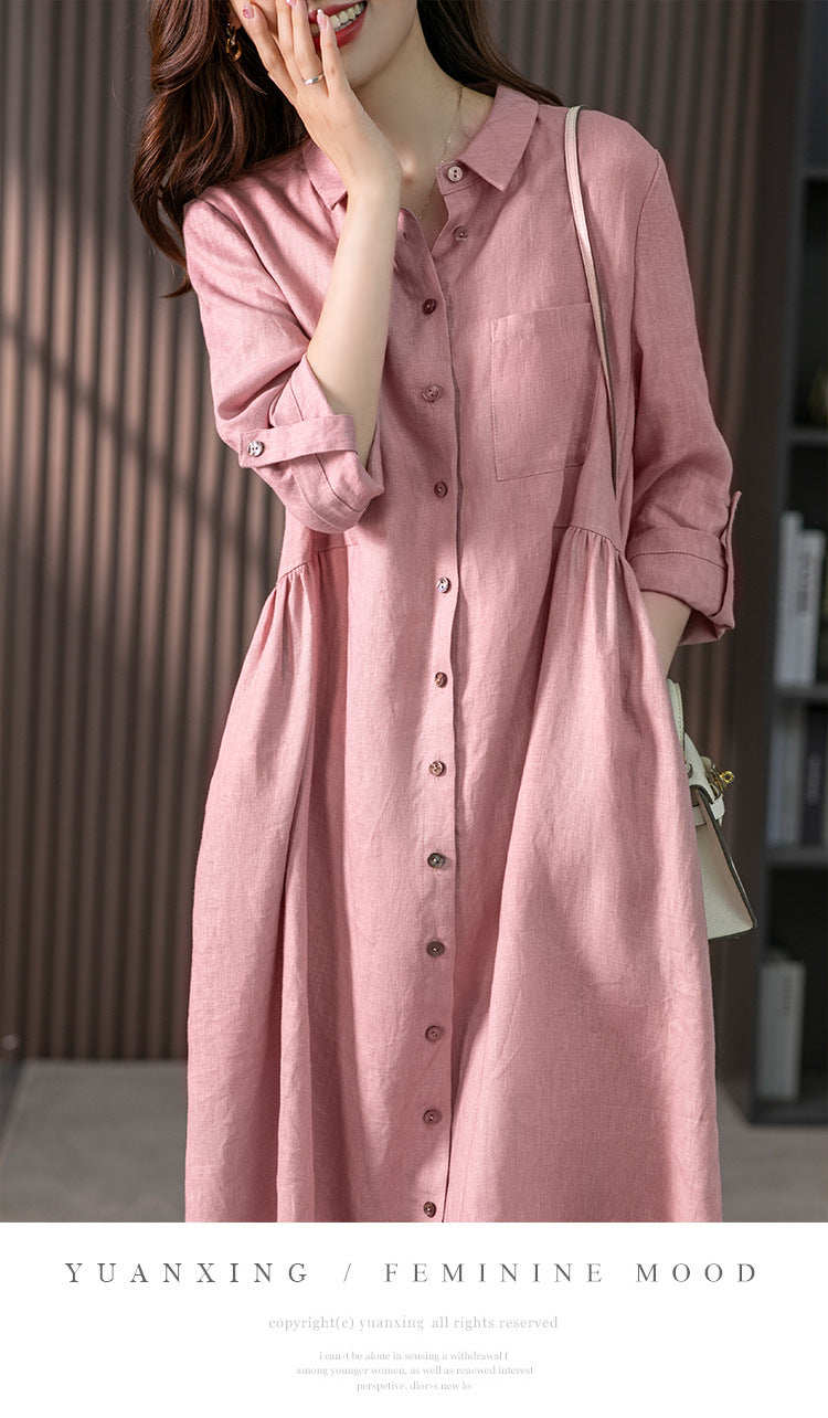 Elegant French Linen Shirt Dress Designer Niche Solid Colour Dresses