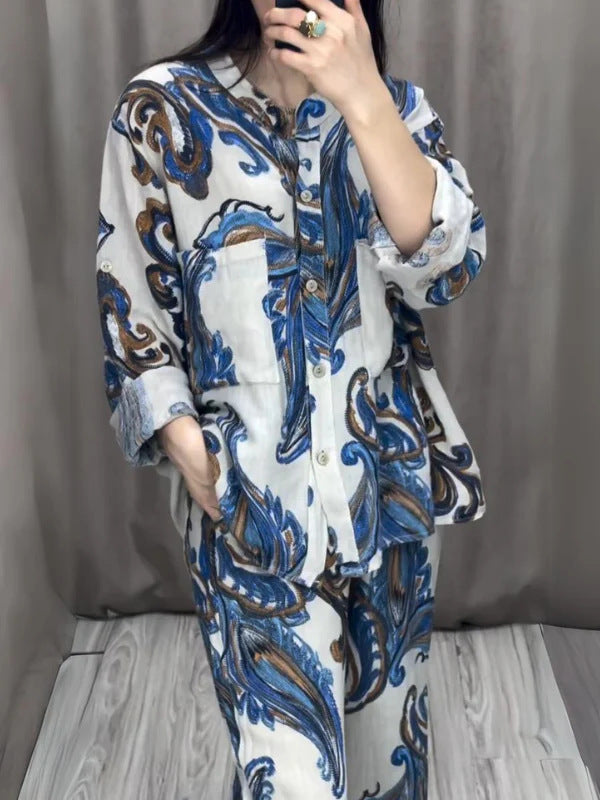 Printed Fashion Women's Long Sleeve Shirt Trousers Suit