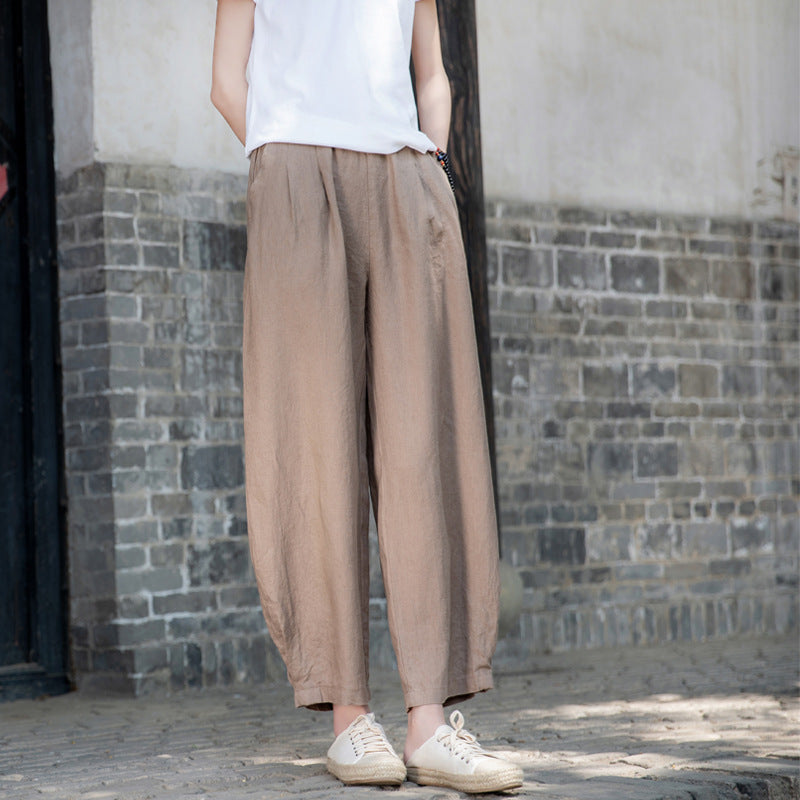 New cotton and linen women's pants, loose and versatile, slim sand-washed linen bloomers