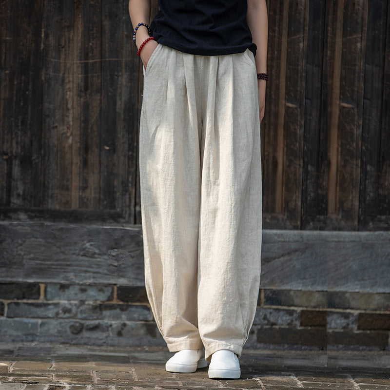 New cotton and linen women's pants, loose and versatile, slim sand-washed linen bloomers