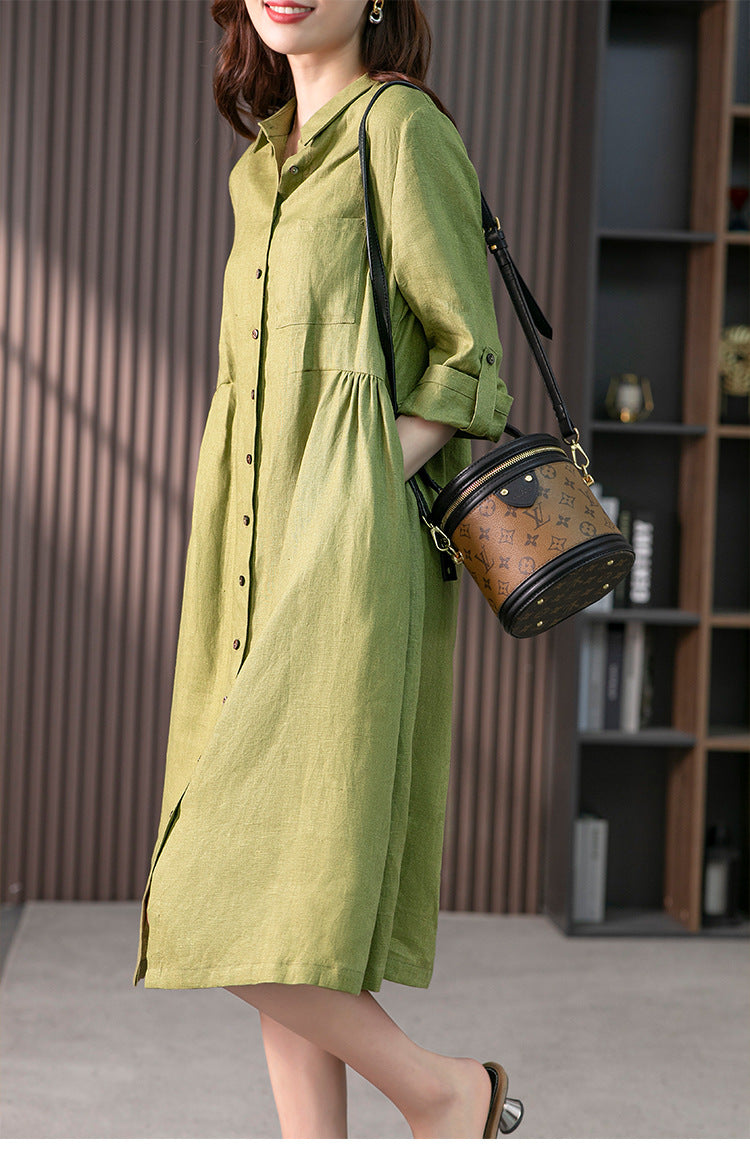 Elegant French Linen Shirt Dress Designer Niche Solid Colour Dresses