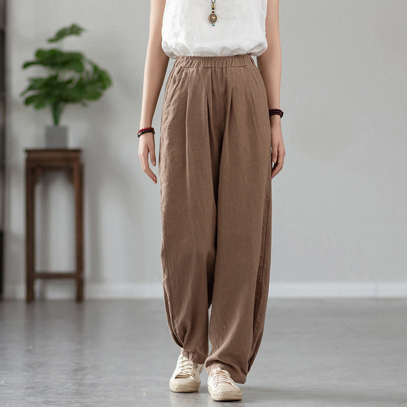 New cotton and linen women's pants, loose and versatile, slim sand-washed linen bloomers