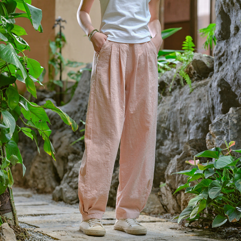 New cotton and linen women's pants, loose and versatile, slim sand-washed linen bloomers