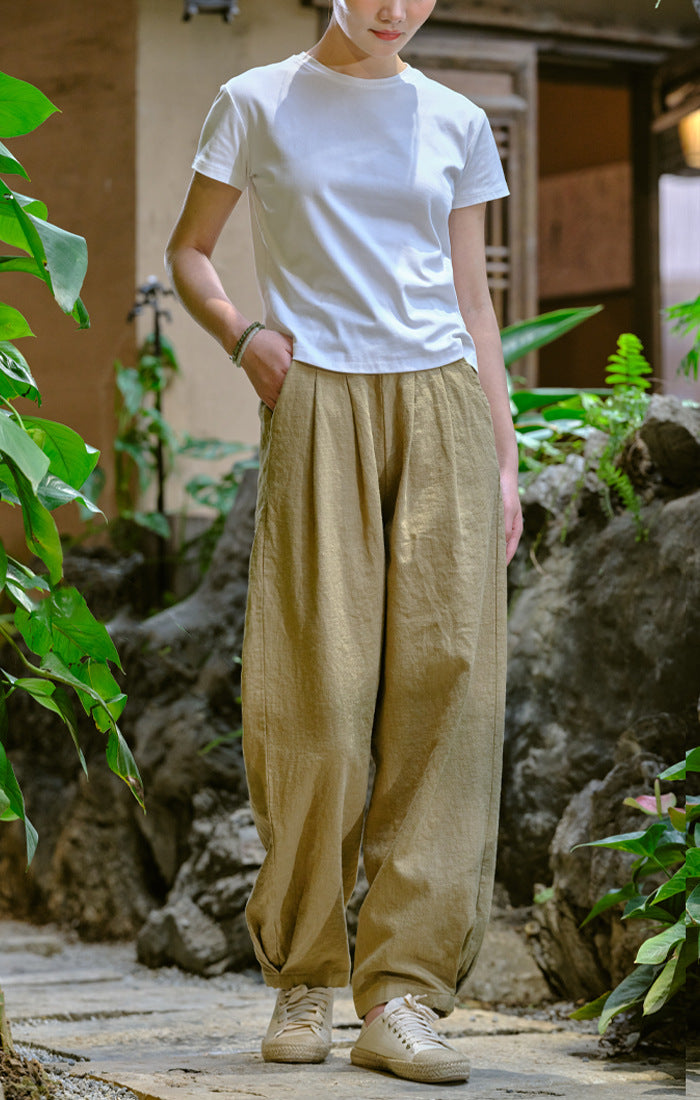 New cotton and linen women's pants, loose and versatile, slim sand-washed linen bloomers