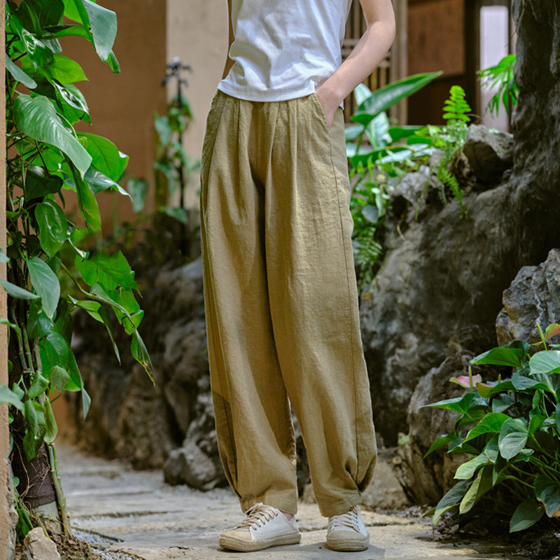 New cotton and linen women's pants, loose and versatile, slim sand-washed linen bloomers