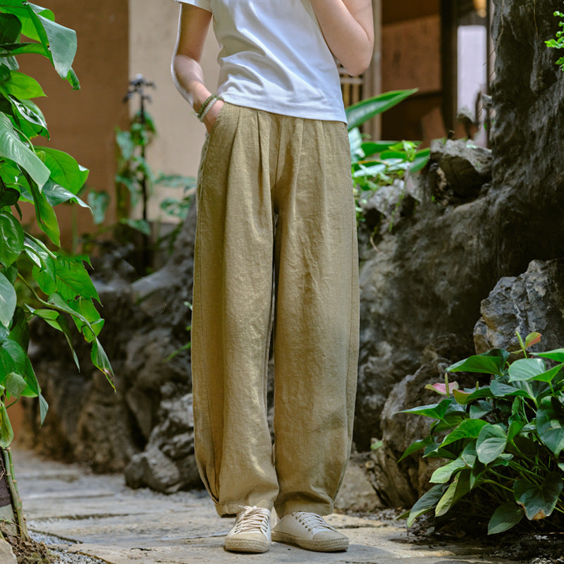 New cotton and linen women's pants, loose and versatile, slim sand-washed linen bloomers