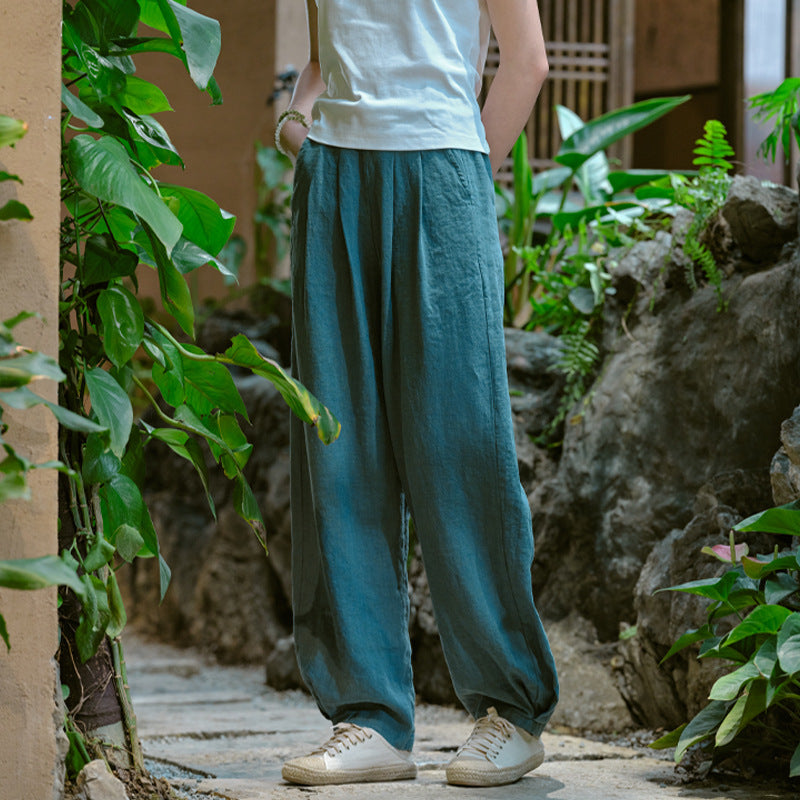 New cotton and linen women's pants, loose and versatile, slim sand-washed linen bloomers