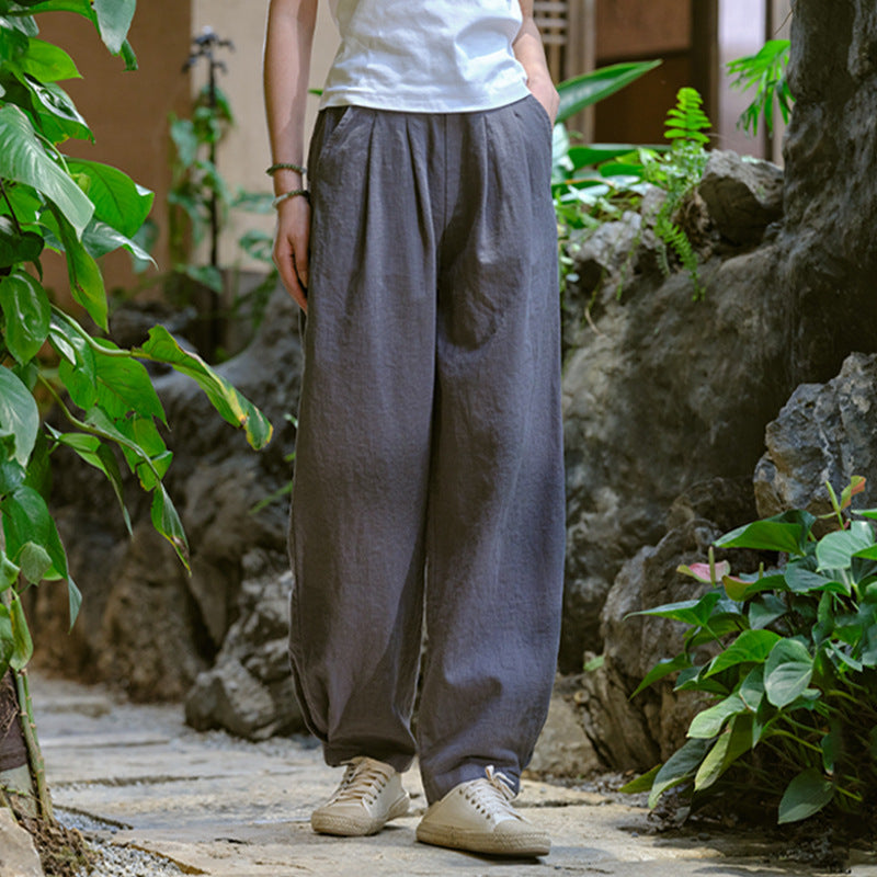New cotton and linen women's pants, loose and versatile, slim sand-washed linen bloomers