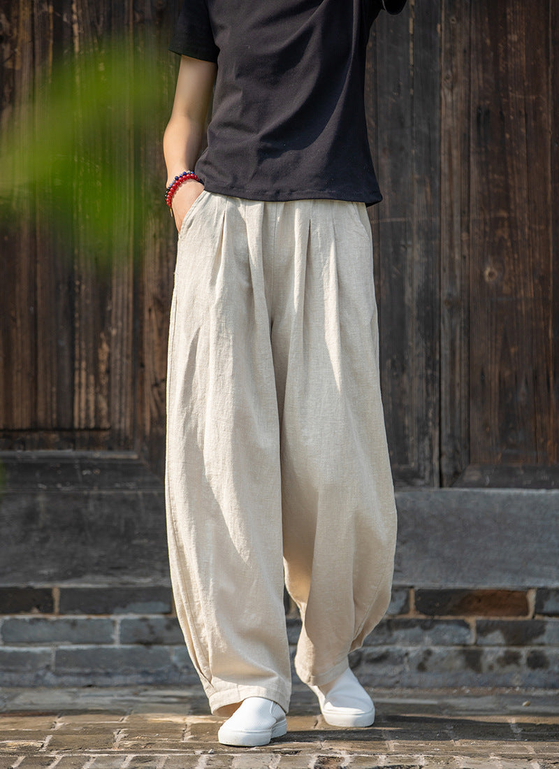 New cotton and linen women's pants, loose and versatile, slim sand-washed linen bloomers