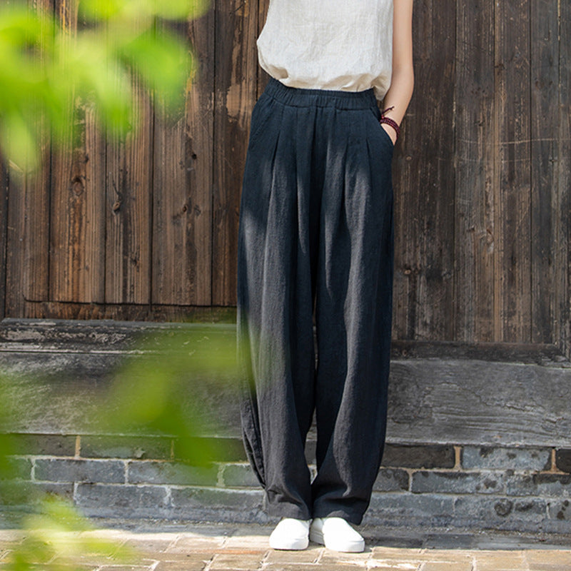New cotton and linen women's pants, loose and versatile, slim sand-washed linen bloomers