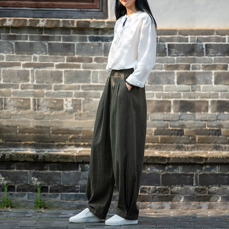 New cotton and linen women's pants, loose and versatile, slim sand-washed linen bloomers