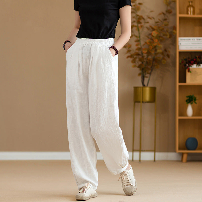 New cotton and linen women's pants, loose and versatile, slim sand-washed linen bloomers