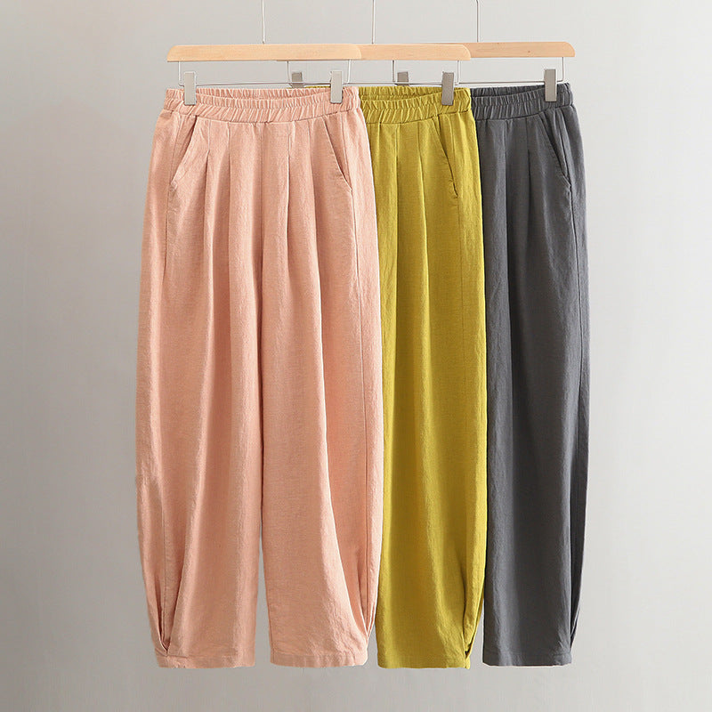 New cotton and linen women's pants, loose and versatile, slim sand-washed linen bloomers