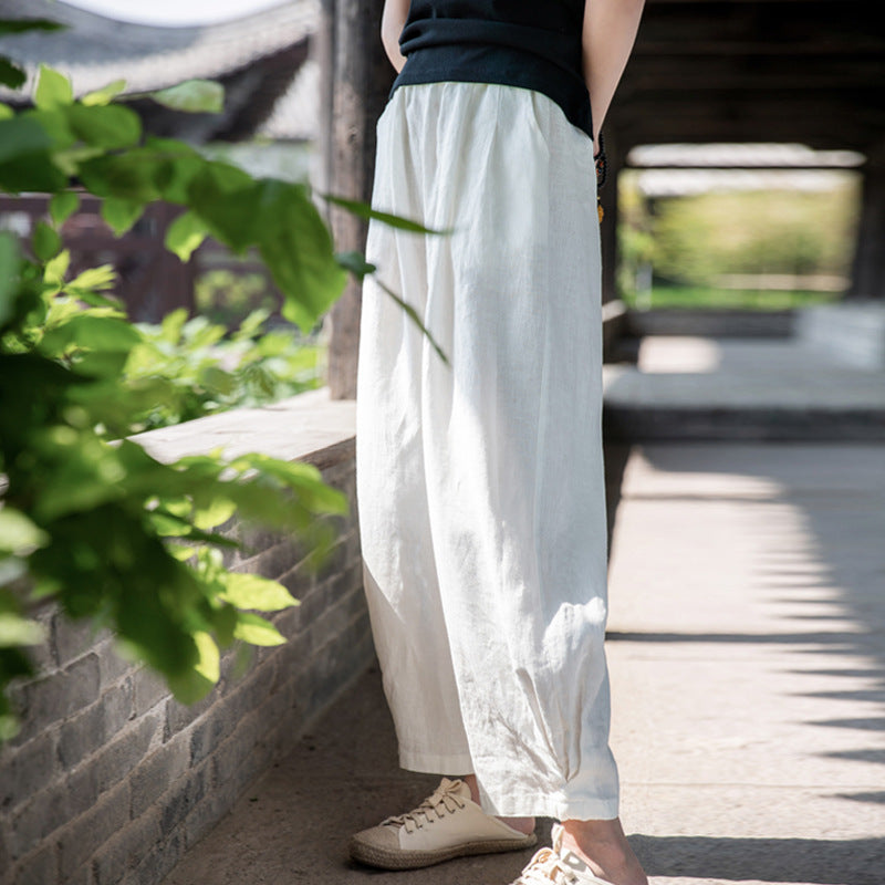 New cotton and linen women's pants, loose and versatile, slim sand-washed linen bloomers
