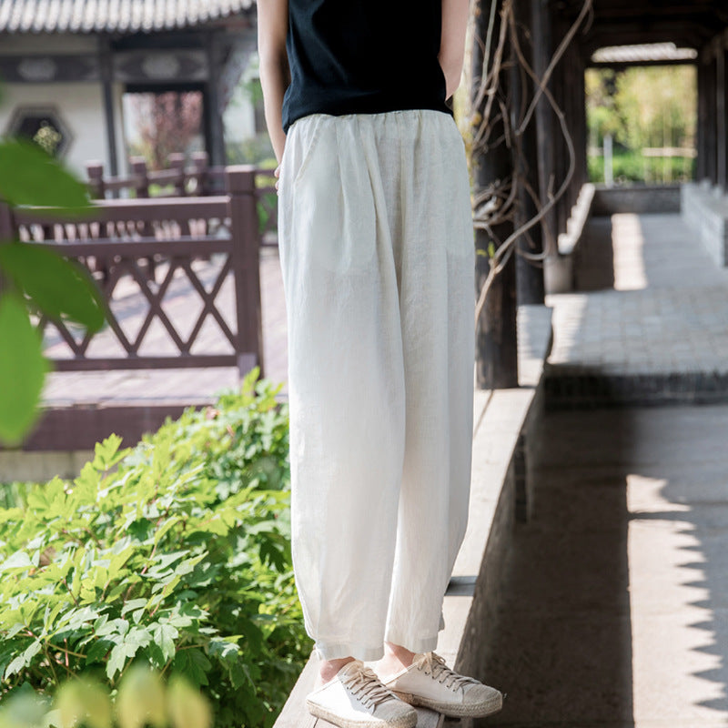 New cotton and linen women's pants, loose and versatile, slim sand-washed linen bloomers