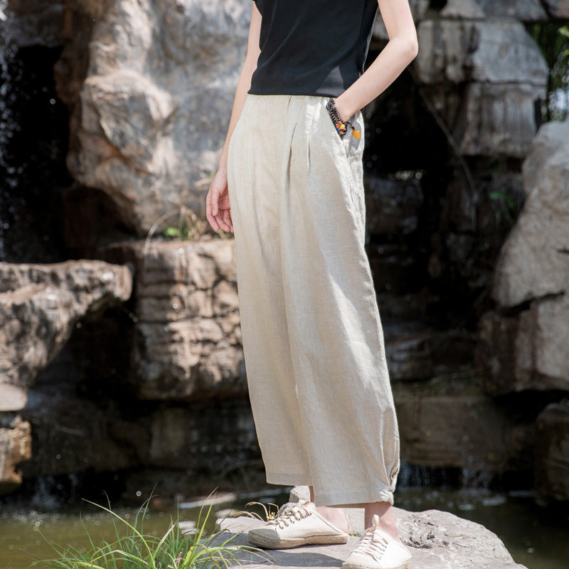 New cotton and linen women's pants, loose and versatile, slim sand-washed linen bloomers