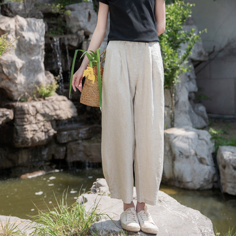 New cotton and linen women's pants, loose and versatile, slim sand-washed linen bloomers