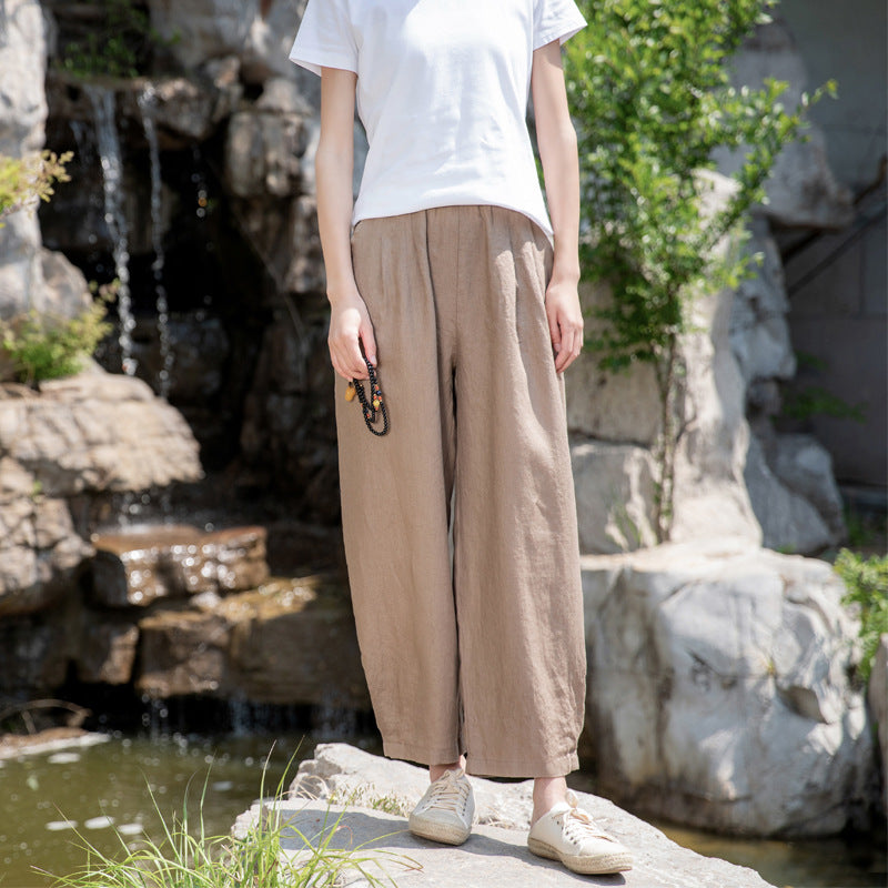 New cotton and linen women's pants, loose and versatile, slim sand-washed linen bloomers