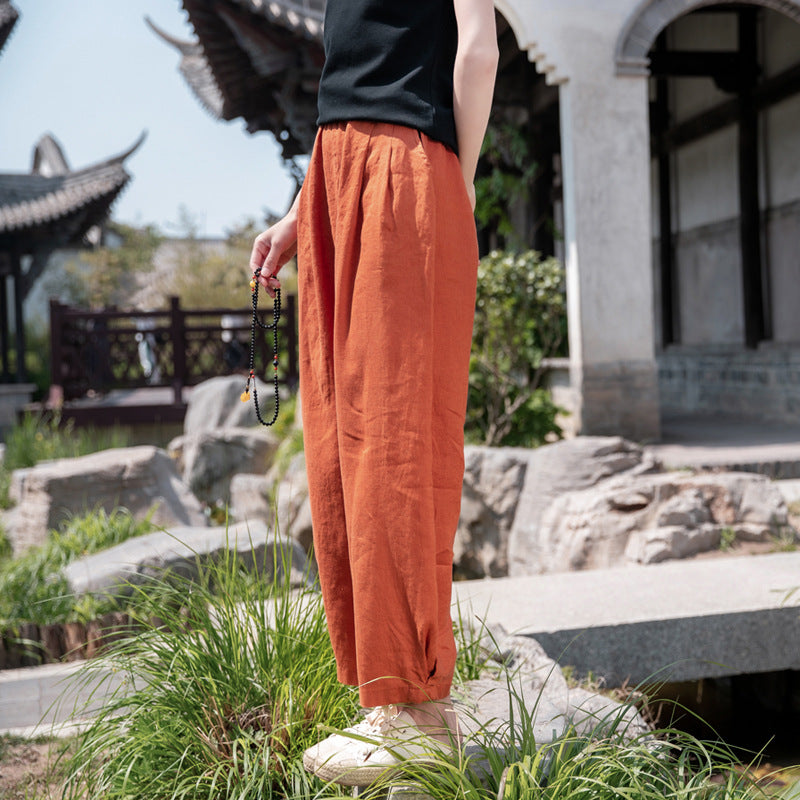New cotton and linen women's pants, loose and versatile, slim sand-washed linen bloomers