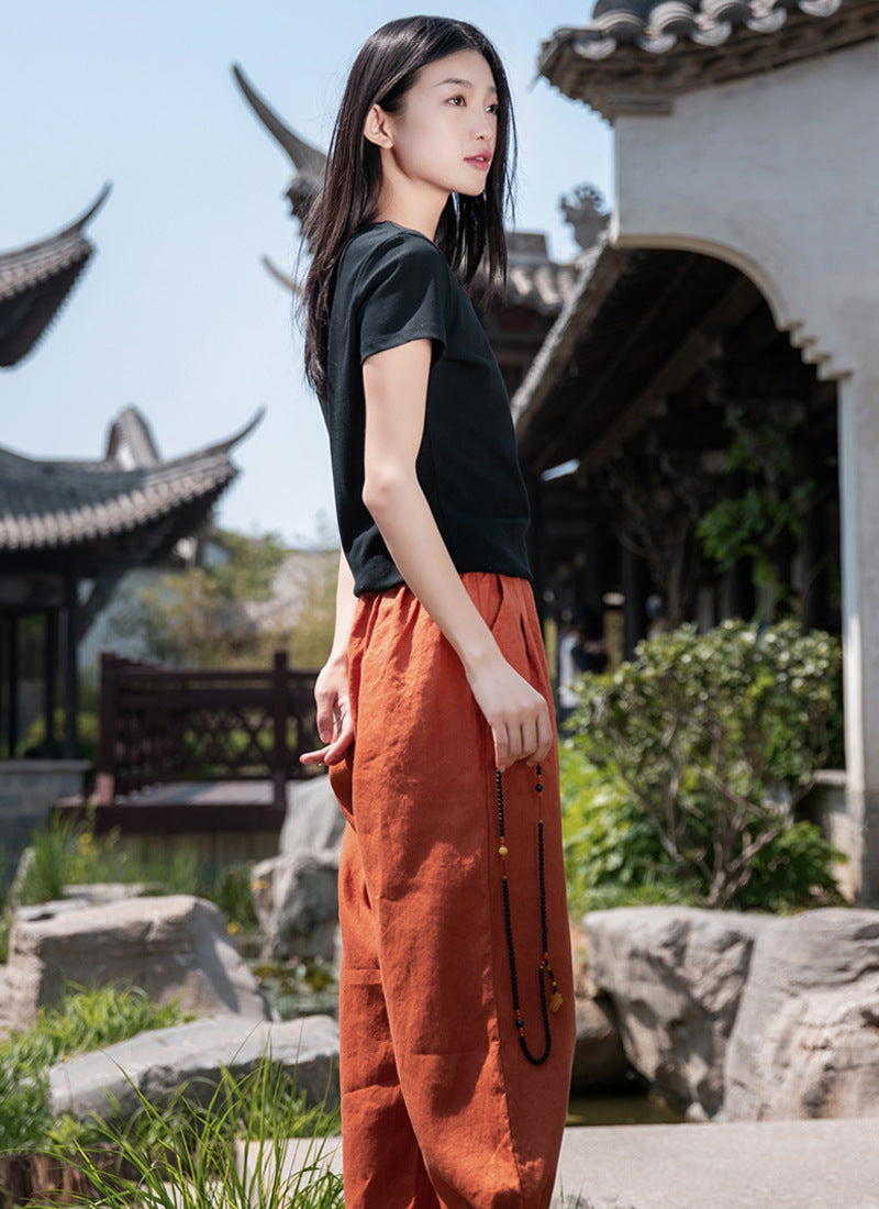 New cotton and linen women's pants, loose and versatile, slim sand-washed linen bloomers
