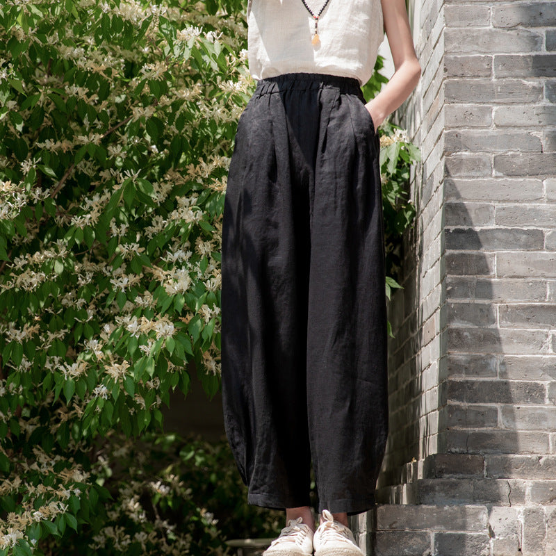 New cotton and linen women's pants, loose and versatile, slim sand-washed linen bloomers