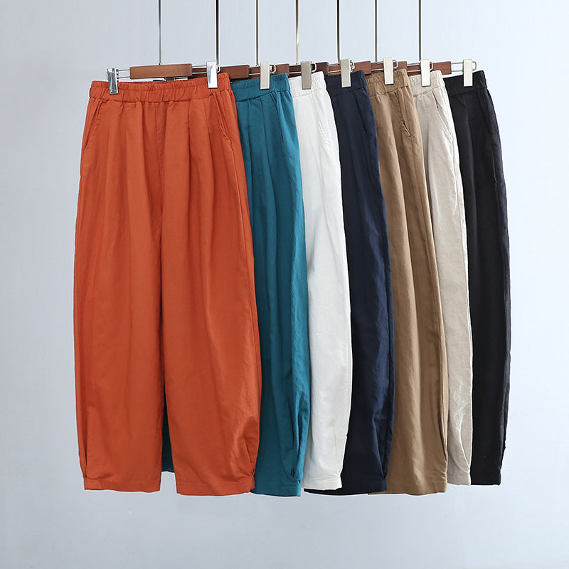 New cotton and linen women's pants, loose and versatile, slim sand-washed linen bloomers
