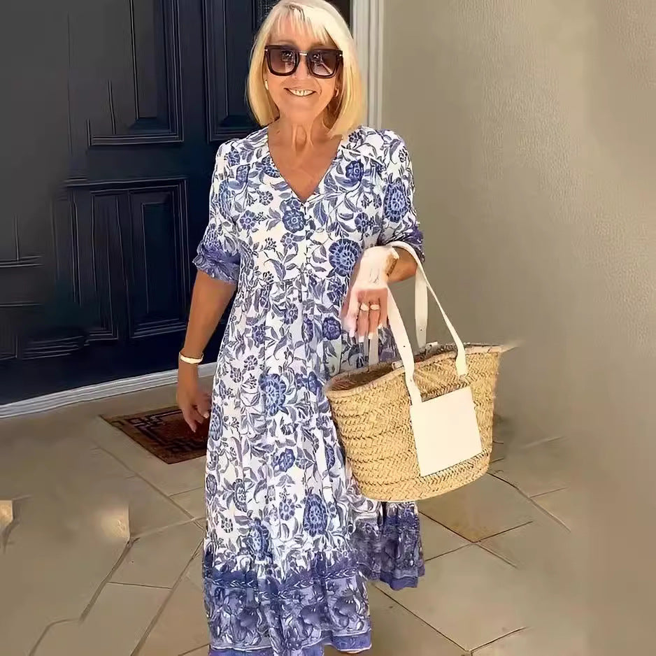 Temperament Elegant Long Loose Floral Dress Women's V-Neck Printed Large Size Dresses