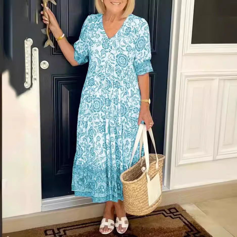 Temperament Elegant Long Loose Floral Dress Women's V-Neck Printed Large Size Dresses