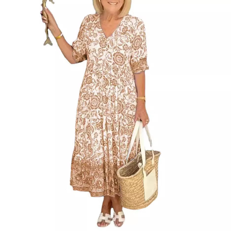 Temperament Elegant Long Loose Floral Dress Women's V-Neck Printed Large Size Dresses