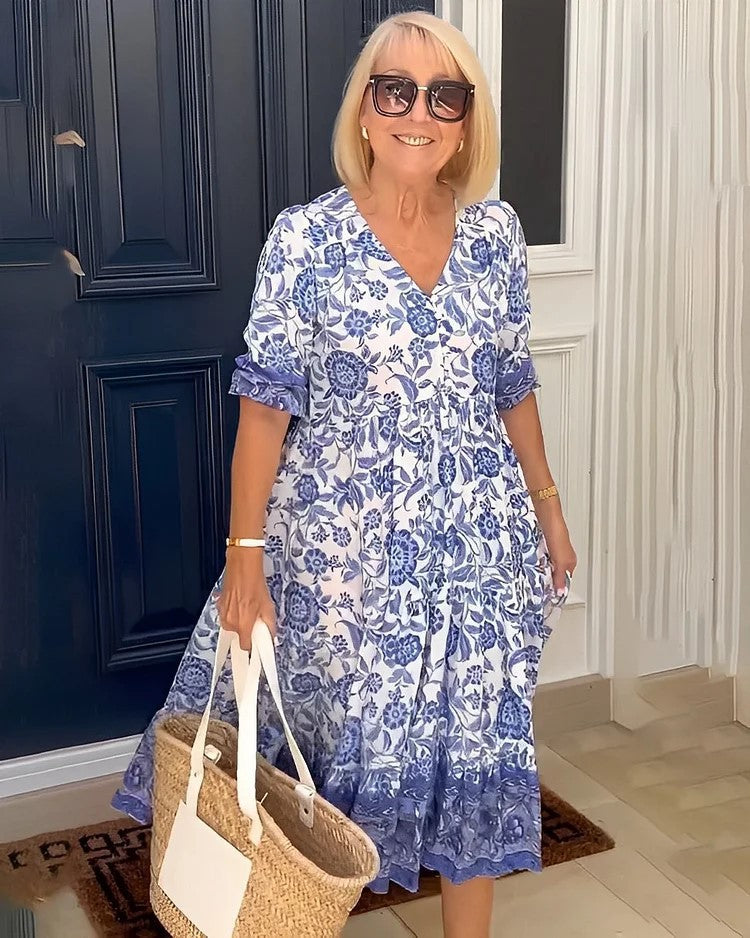 Temperament Elegant Long Loose Floral Dress Women's V-Neck Printed Large Size Dresses