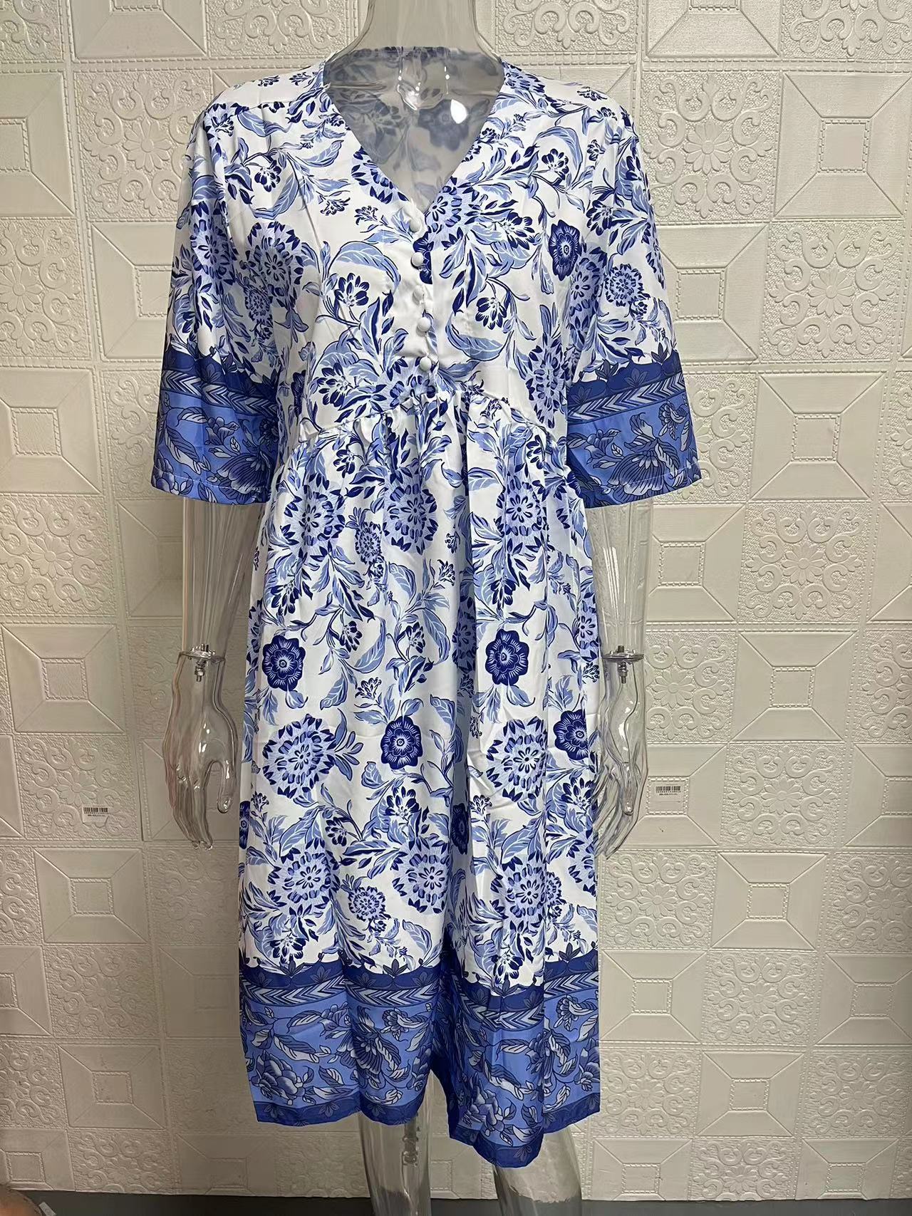 Temperament Elegant Long Loose Floral Dress Women's V-Neck Printed Large Size Dresses