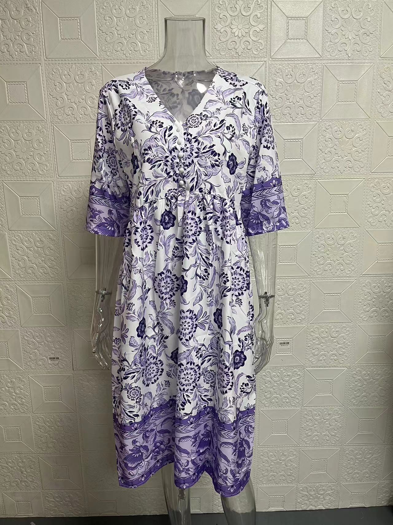 Temperament Elegant Long Loose Floral Dress Women's V-Neck Printed Large Size Dresses