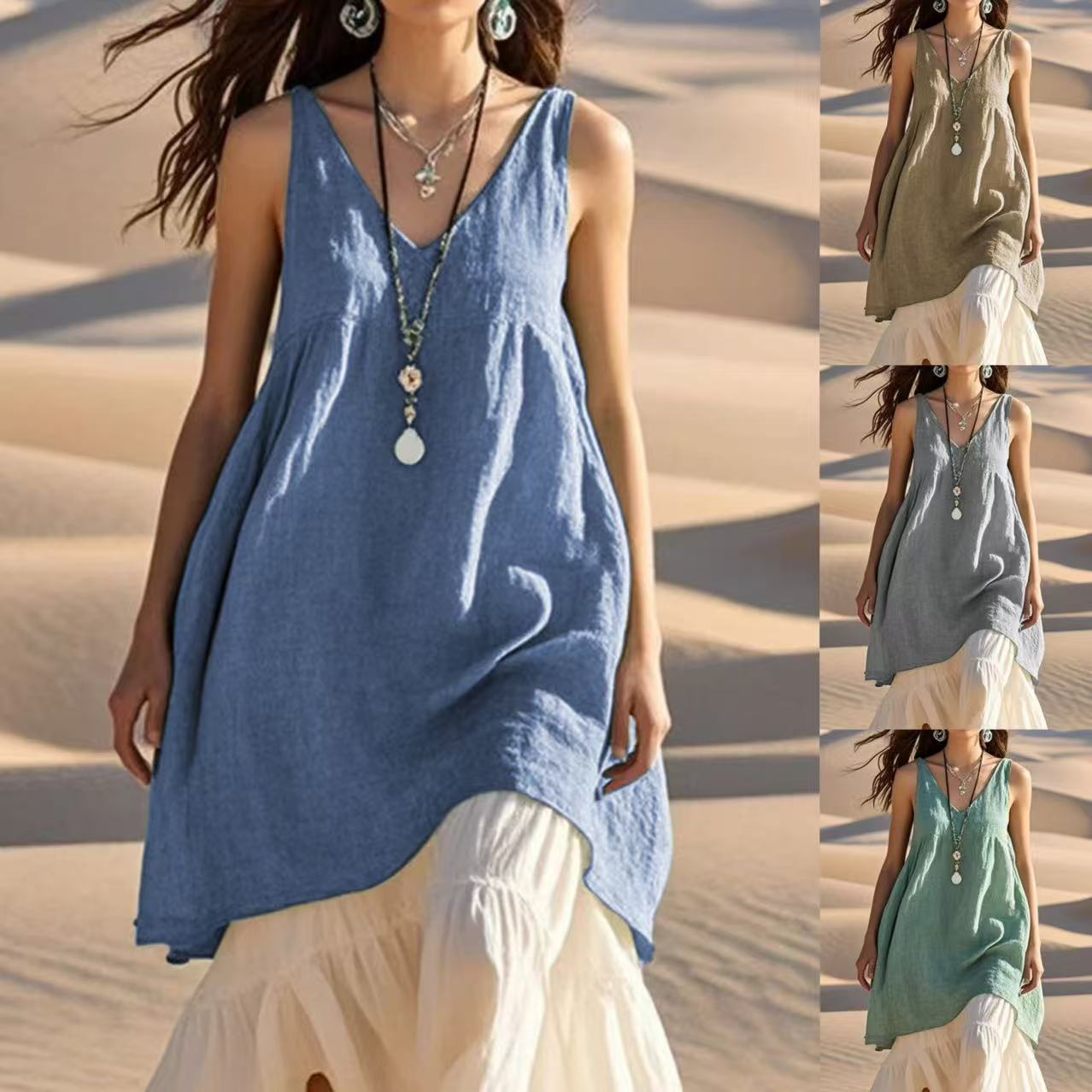 Casual Loose Fashion Sleeveless Cotton Linen Solid Colour V-Neck Beach Dress