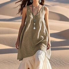 Casual Loose Fashion Sleeveless Cotton Linen Solid Colour V-Neck Beach Dress