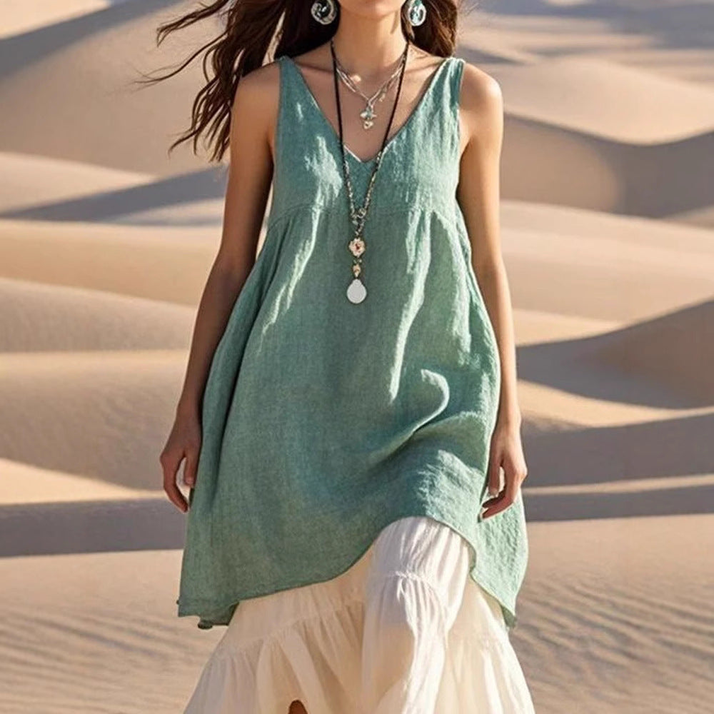 Casual Loose Fashion Sleeveless Cotton Linen Solid Colour V-Neck Beach Dress