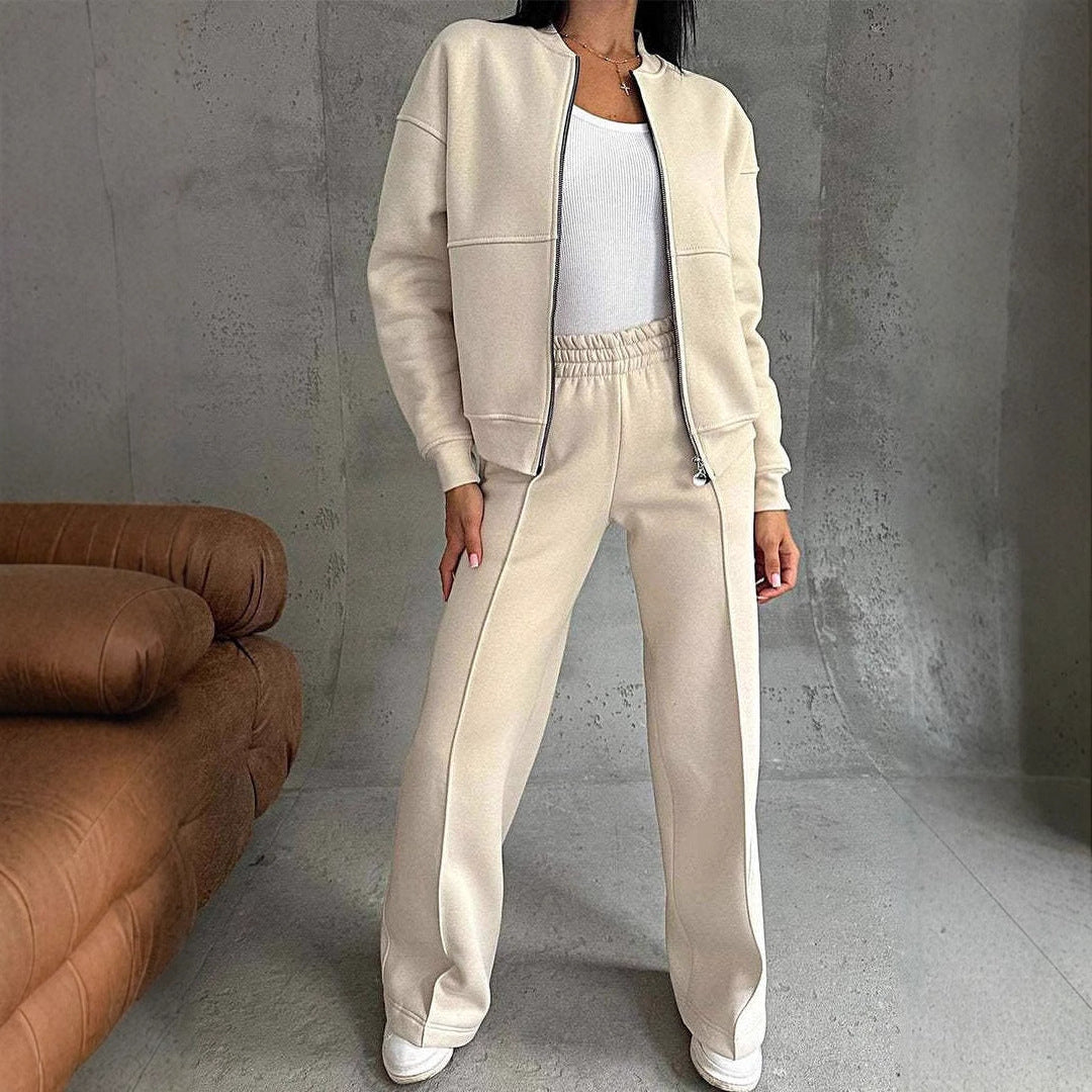 Women's Casual Zip Jacket Wide Leg Pants Two Piece Set
