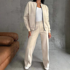 Women's Casual Zip Jacket Wide Leg Pants Two Piece Set