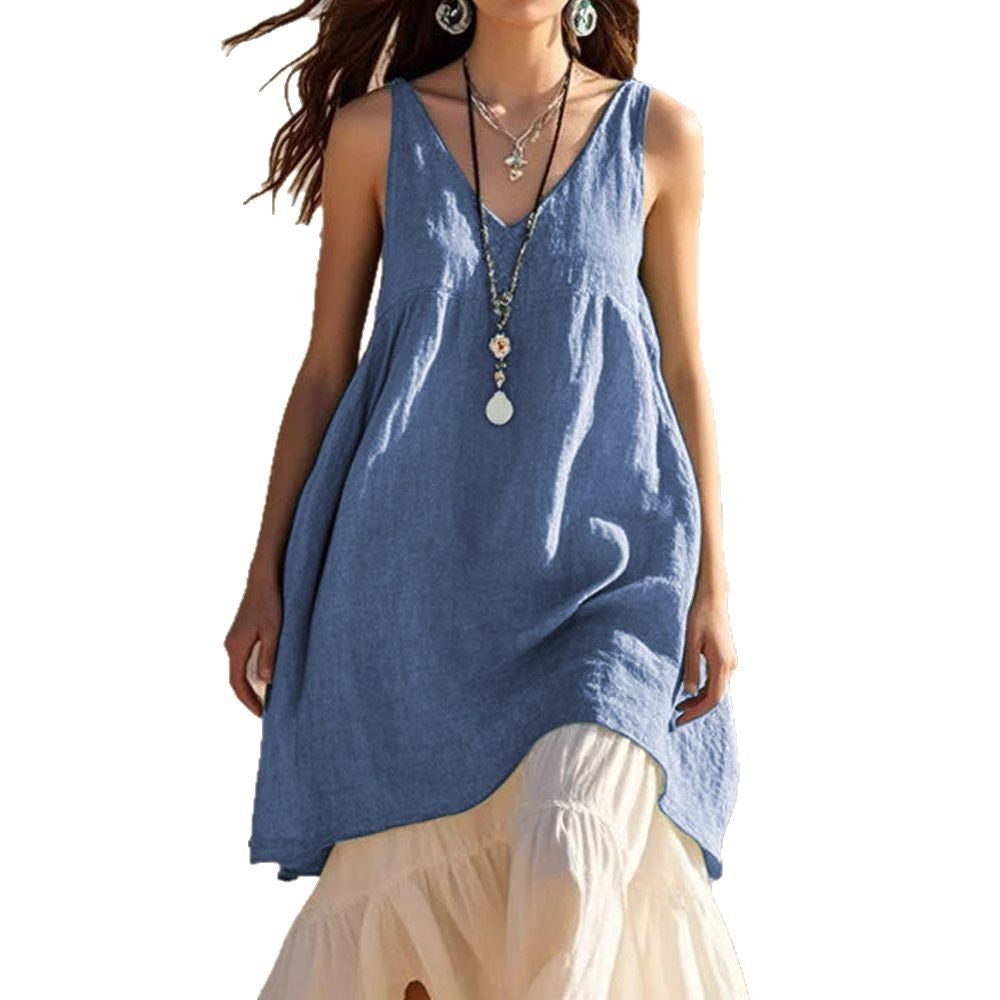 Casual Loose Fashion Sleeveless Cotton Linen Solid Colour V-Neck Beach Dress