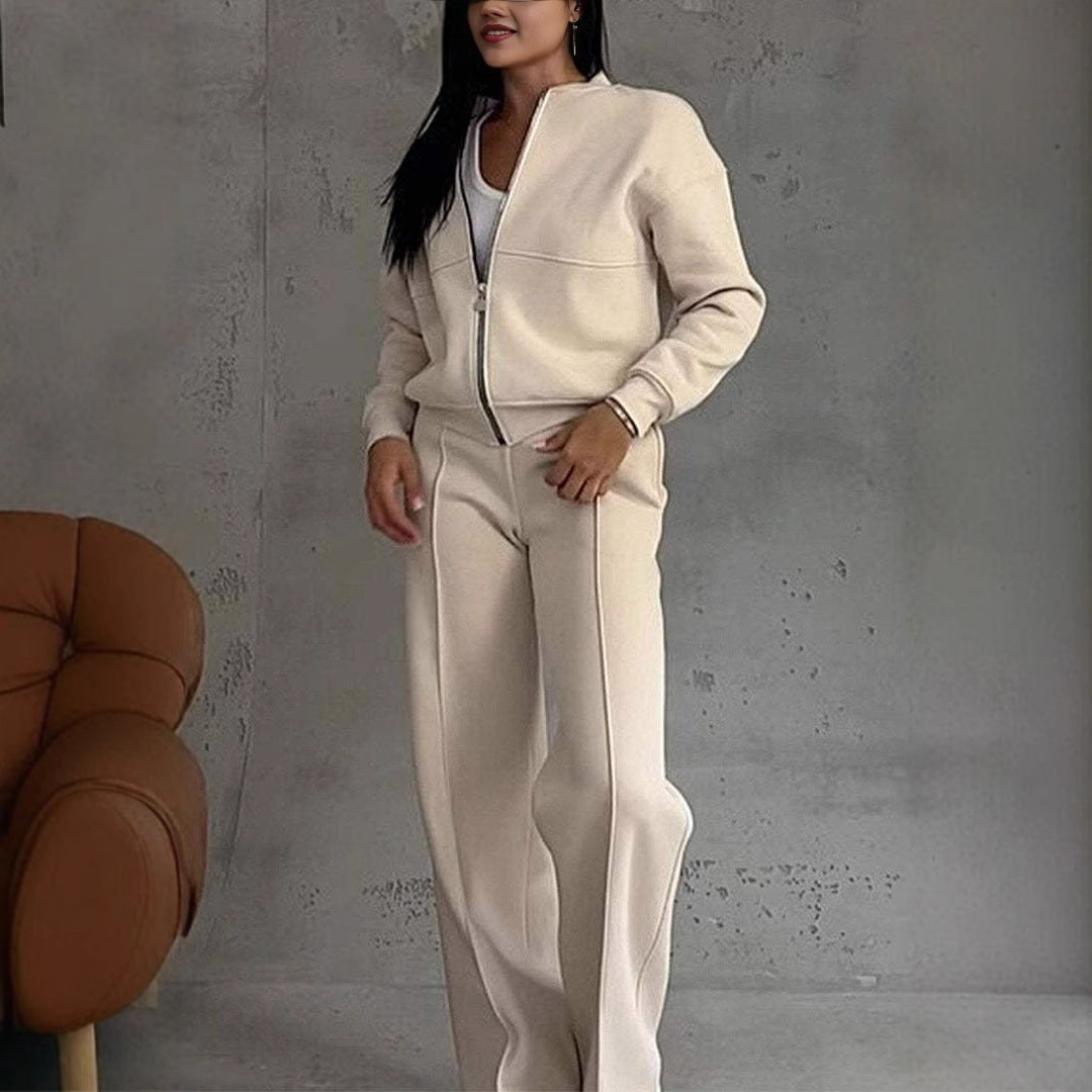 Women's Casual Zip Jacket Wide Leg Pants Two Piece Set