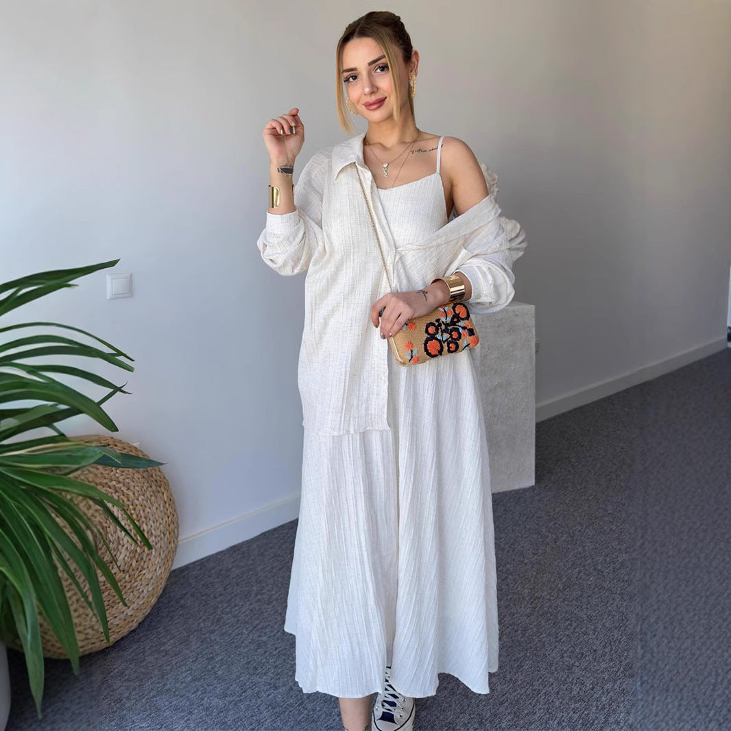 Fashion casual temperament wrinkled loose long-sleeved shirt plus long suspenders two-piece set