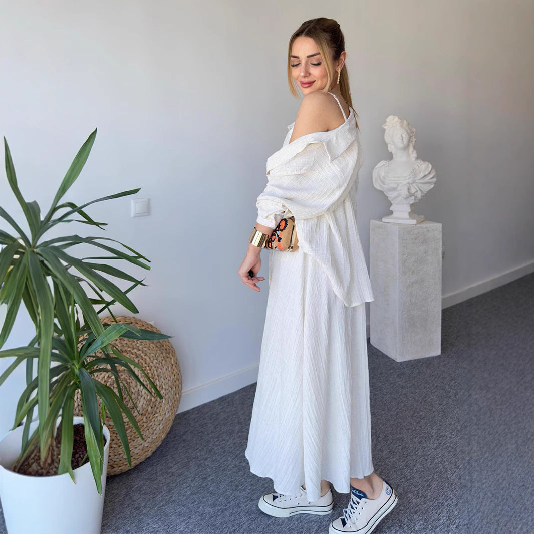 Fashion casual temperament wrinkled loose long-sleeved shirt plus long suspenders two-piece set