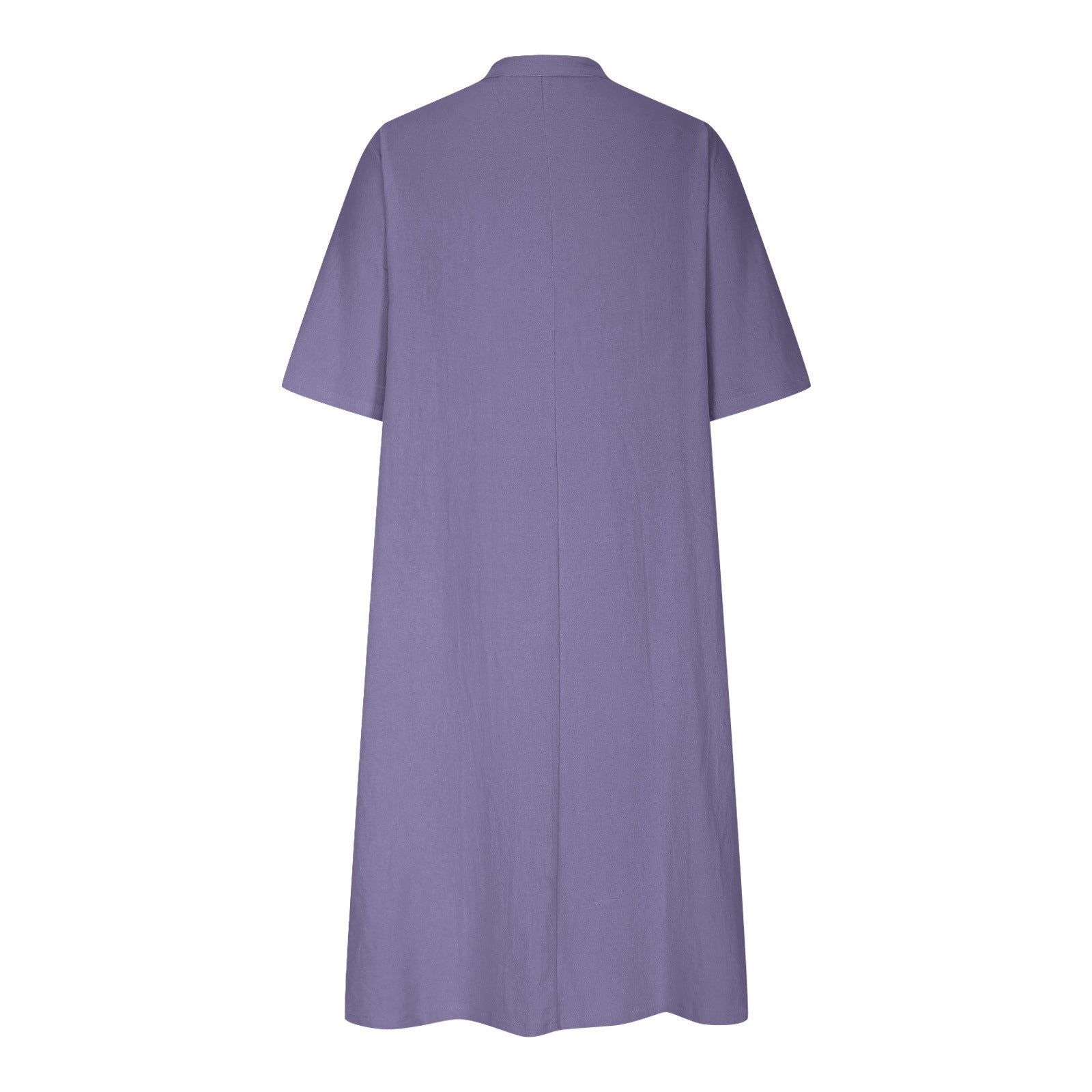 Mid-length V-neck half-sleeve cotton and linen loose version three-button pocket dress