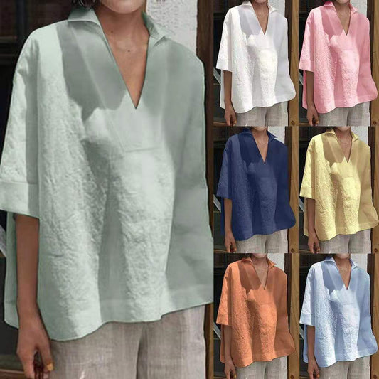 V-neck cotton linen versatile solid color large size loose medium-sleeved women's shirt