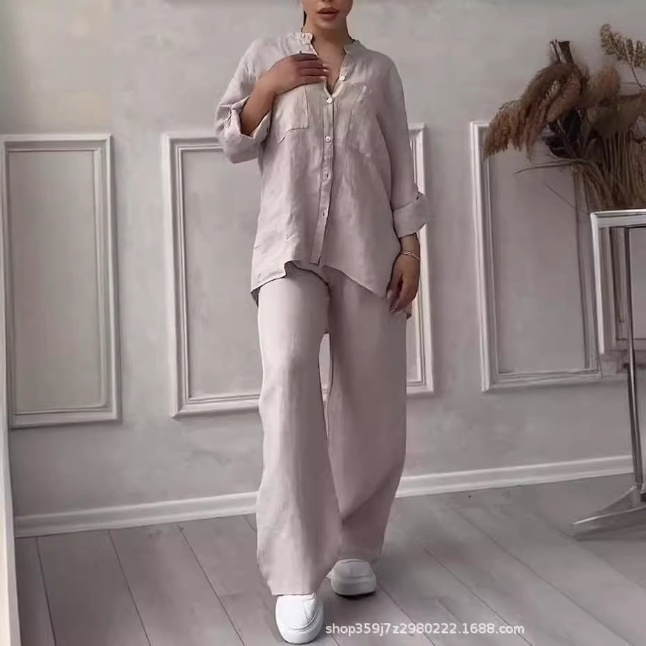 Casual Cotton Linen Solid Colour Shirt Drawstring Wide Leg Pants Set