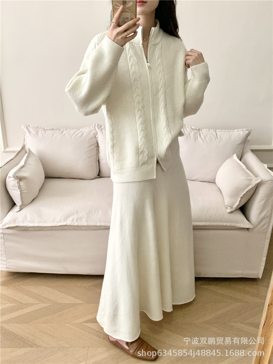 Hot sale loose knit suit women 2024 autumn and winter new zip cardigan jumper + fishtail skirt