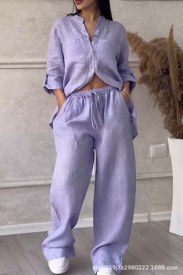 Casual Cotton Linen Solid Colour Shirt Drawstring Wide Leg Pants Set