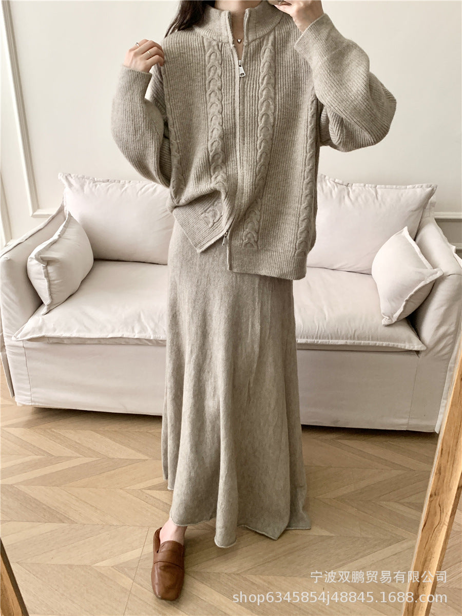 Hot sale loose knit suit women 2024 autumn and winter new zip cardigan jumper + fishtail skirt