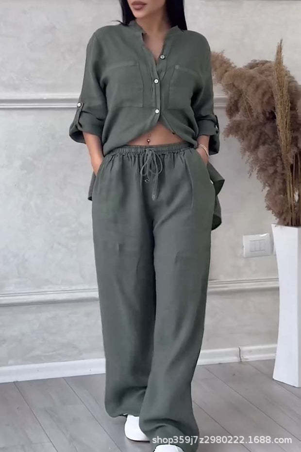 Casual Cotton Linen Solid Colour Shirt Drawstring Wide Leg Pants Set