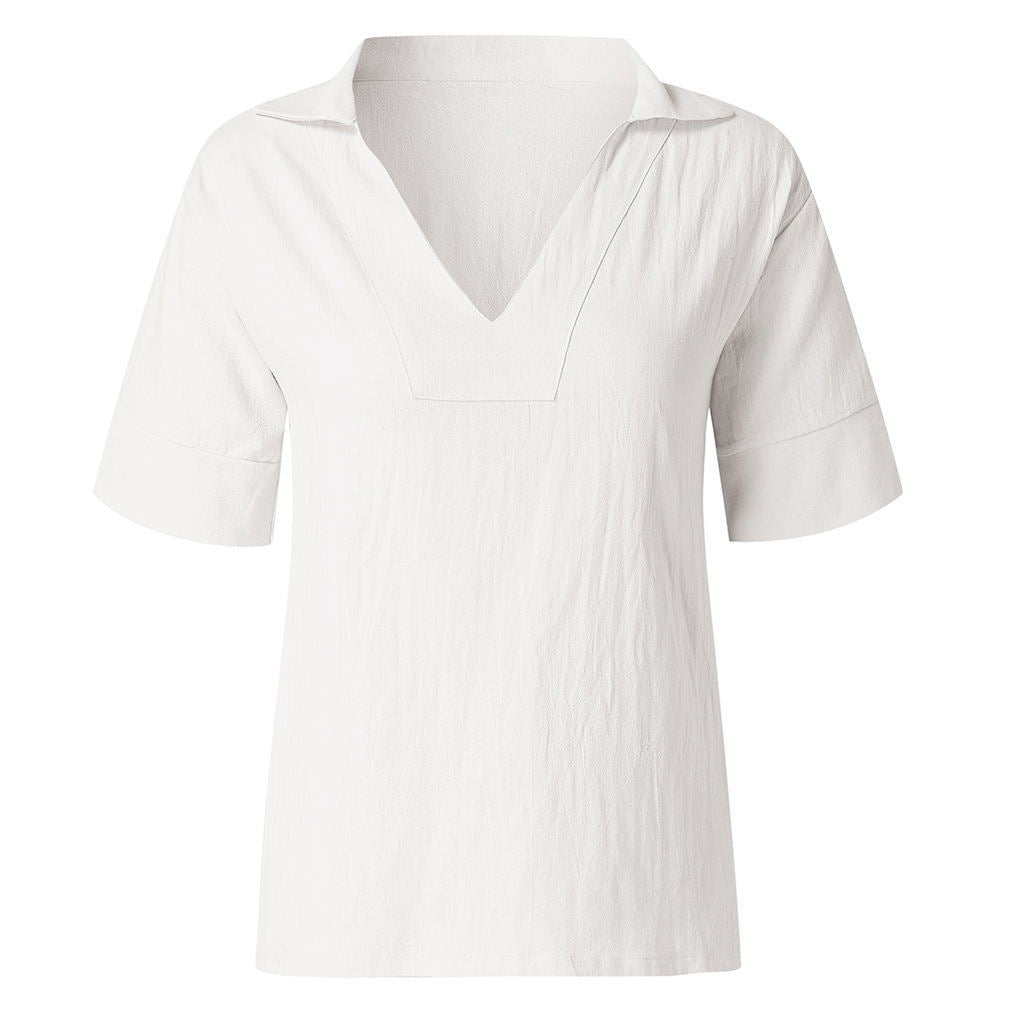V-neck cotton linen versatile solid color large size loose medium-sleeved women's shirt